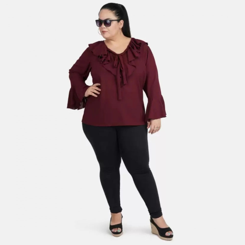 Maroon Georgette Women's Casual Bell Sleeve Top, tie-up neck, full sleeve for casual occasions