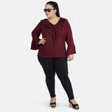 Maroon Georgette Women's Casual Bell Sleeve Top, tie-up neck, full sleeve for casual occasions