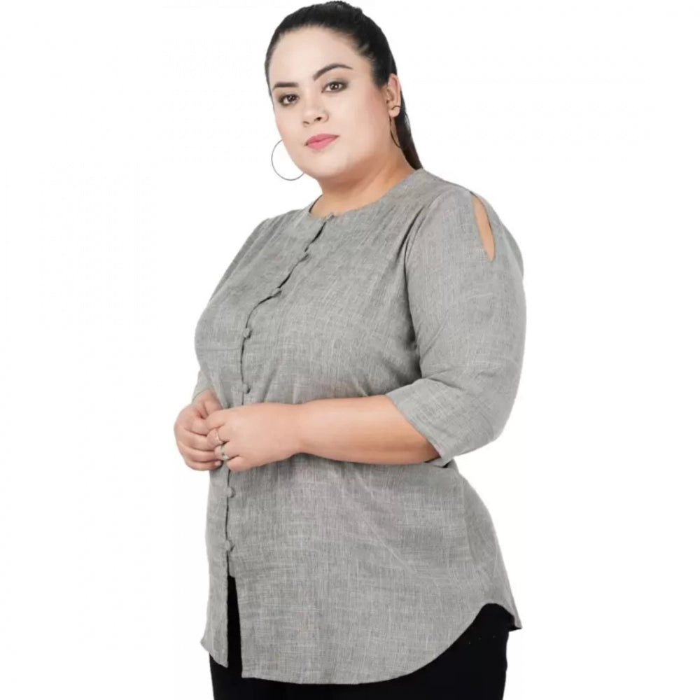 Grey cotton linen blend women's casual top with 3/4 sleeves, round neck on mannequin