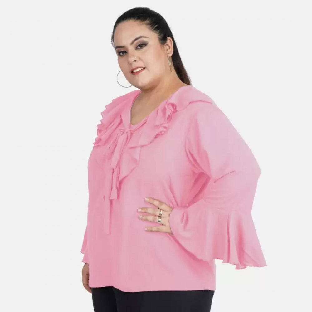 Women's casual bell sleeve solid pink Georgette top, tie-up neck, full sleeve for women's casual wear