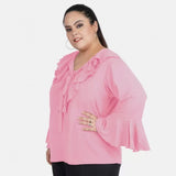 Women's casual bell sleeve solid pink Georgette top, tie-up neck, full sleeve for women's casual wear