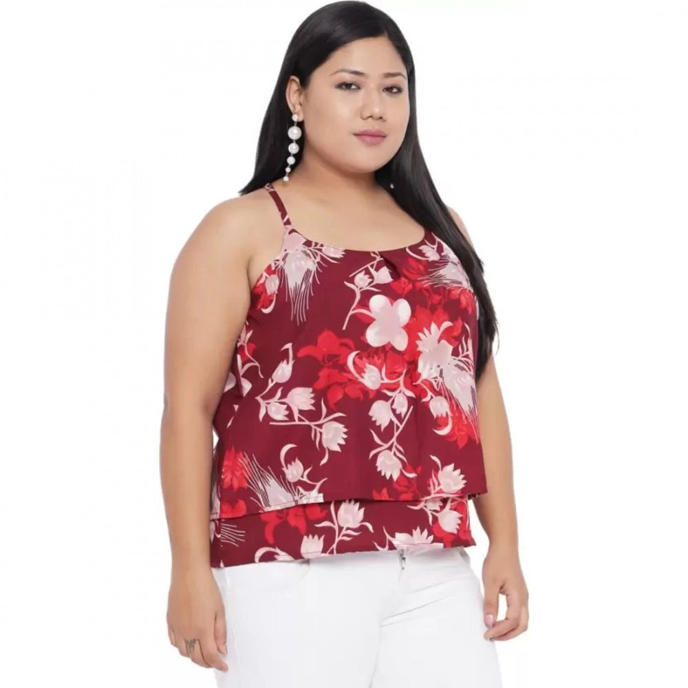 Red floral print polyester women's casual top, sleeveless round neck design for everyday wear