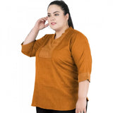 Yellow cotton linen blend casual top with 3/4 sleeves, embroidered detailing for women's casual wear