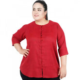 Maroon cotton linen blend women's casual top with 3/4 sleeves, ideal for a relaxed casual look