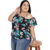 Black polyester women's off-shoulder top with cape sleeves featuring casual floral print