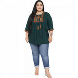 Dark Green Rayon Women's Casual Embroidered Top - 3/4 sleeve, round neck, casual occasion