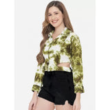 Green rayon casual printed top with spread collar and 3/4 sleeve, suitable for women's casual occasions
