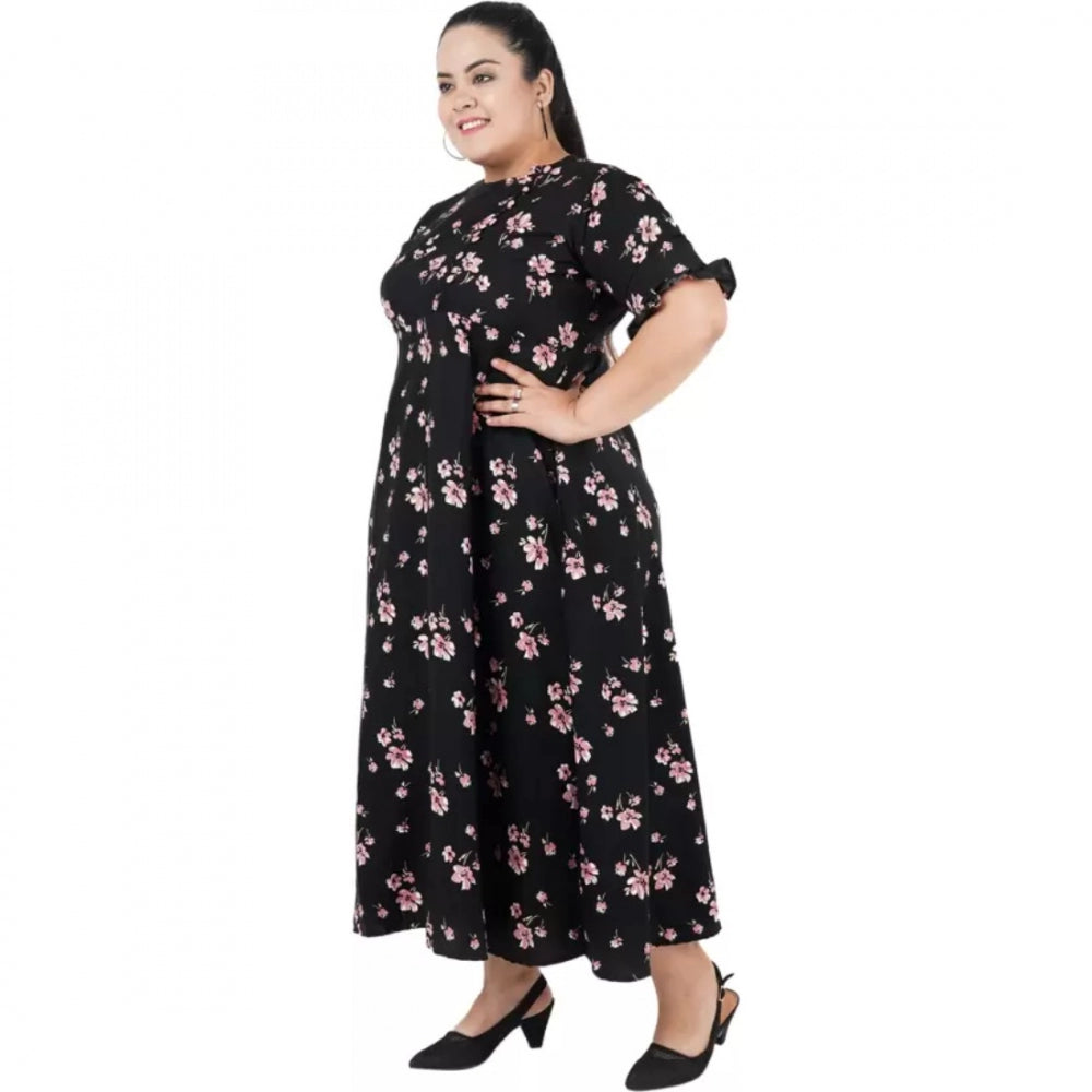 Black poly crepe women's maxi dress for casual events, round neck, short sleeves