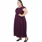 Purple fit-and-flare polyester dress for women's casual events, round neck, short sleeves