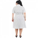 White poly crepe cinched waist dress for women's casual wear, short-sleeved style on mannequin
