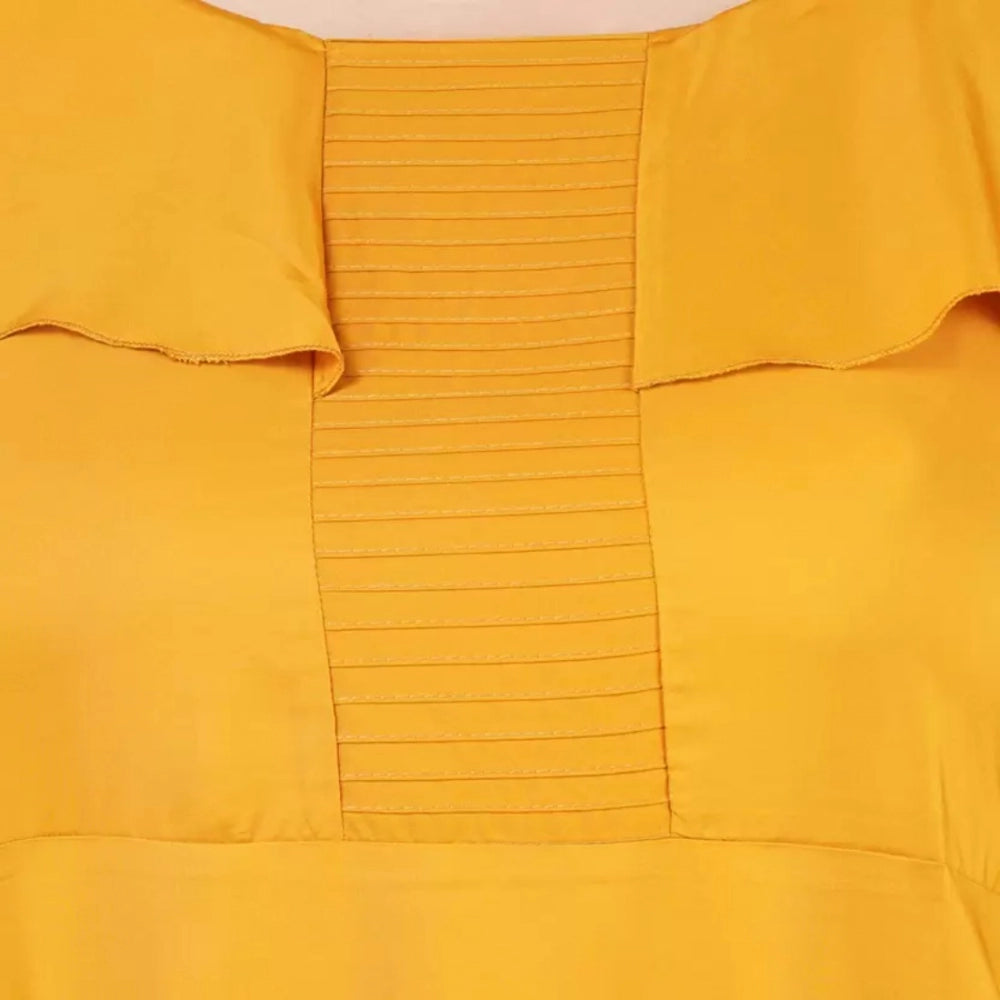 Yellow polyester fit and flare dress for women, casual occasion wear with round neck and short sleeves