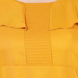 Yellow polyester fit and flare dress for women, casual occasion wear with round neck and short sleeves
