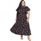 Black polyester fit-and-flare dress for women's casual events, round neck, short sleeves