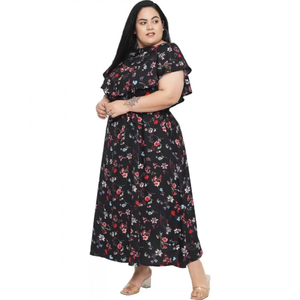 Black polyester fit and flare dress for women's casual occasions, short-sleeved round neckline style