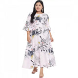 White polyester fit and flare dress for women, ideal for casual occasions with round neck and 3/4 sleeves