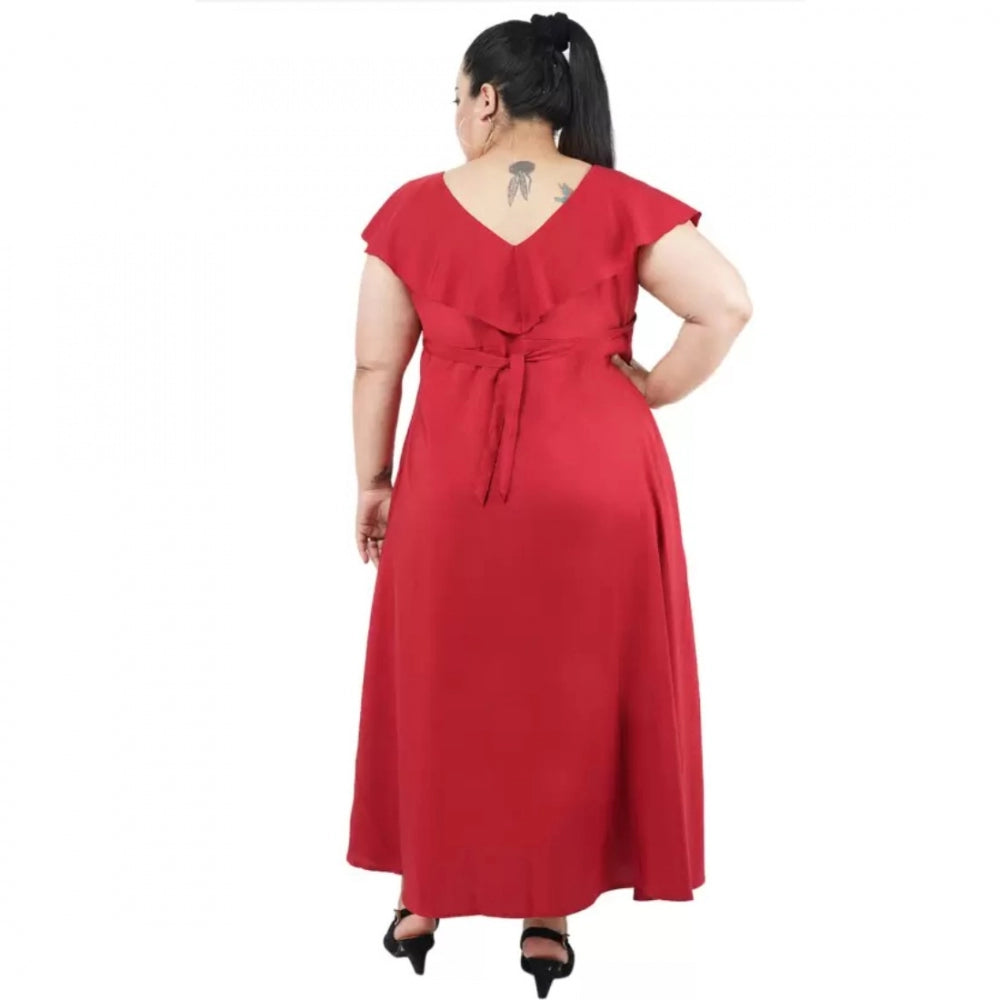 Maroon polyester fit and flare dress for women's casual occasions, round neck, short sleeves