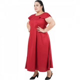 Maroon polyester fit and flare dress for women, casual occasion wear with round neck and short sleeves