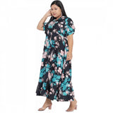 Multicolor polyester fit-and-flare women's dress, short sleeve, casual occasion on model