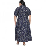 Blue polyester women's fit and flare dress, casual wear with short sleeves on hanger