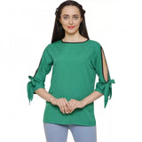 Green poly crepe women's casual slit sleeve top for everyday wear on hanger