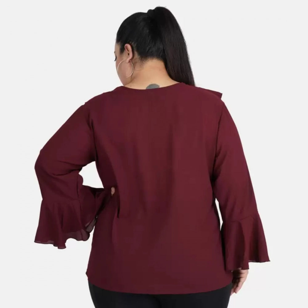 Maroon georgette women's casual bell sleeve top, tie-up with full sleeves for casual occasions