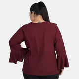 Maroon georgette women's casual bell sleeve top, tie-up with full sleeves for casual occasions