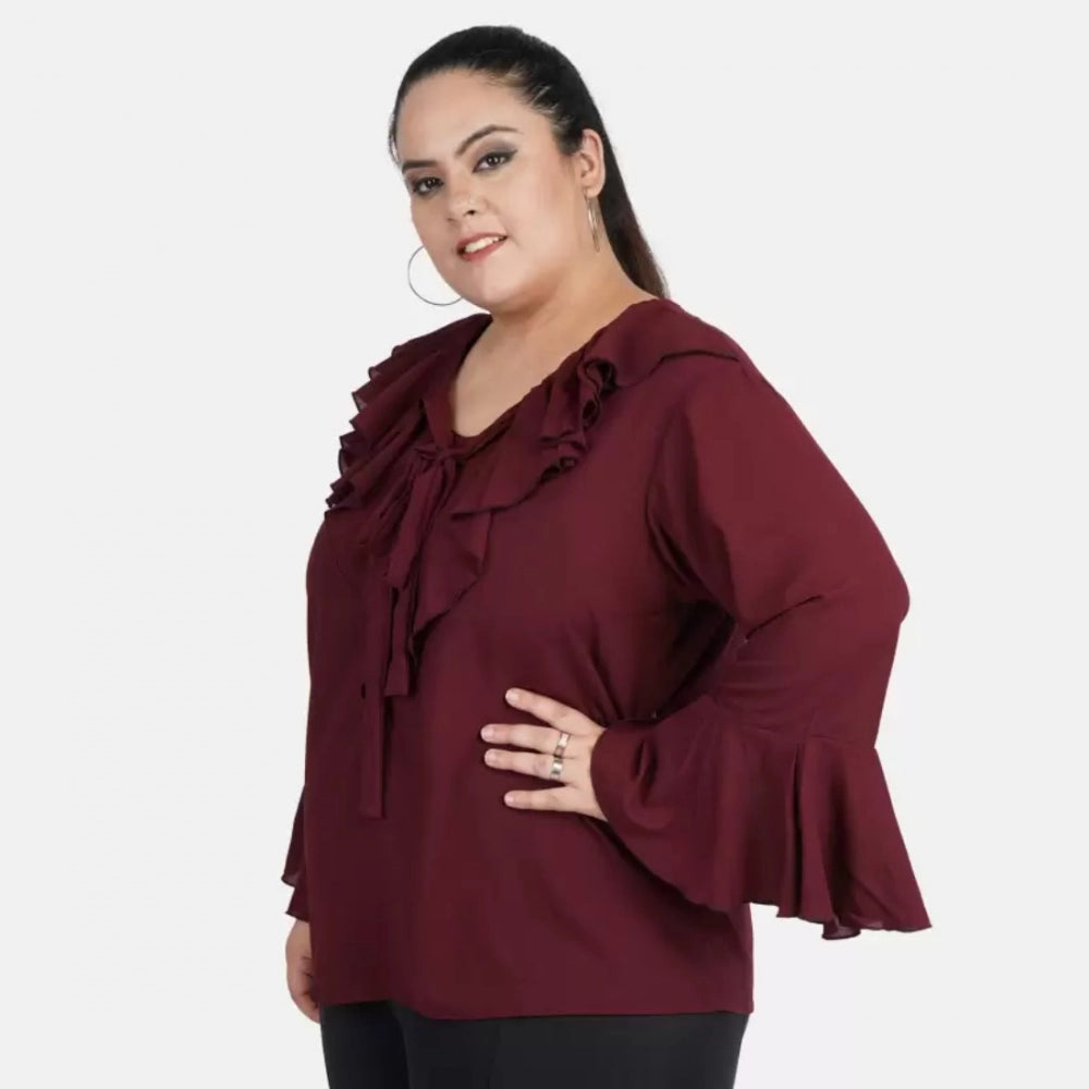 Maroon georgette women's casual bell sleeve top - tie-up neck, full sleeve