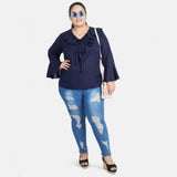 Blue Georgette Women's Casual Bell Sleeve Top - Tie-Up, full sleeve style for casual wear