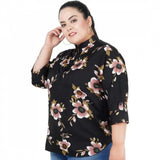 Black poly crepe women's casual three-quarter sleeve printed top, mandarin collar design for everyday wear