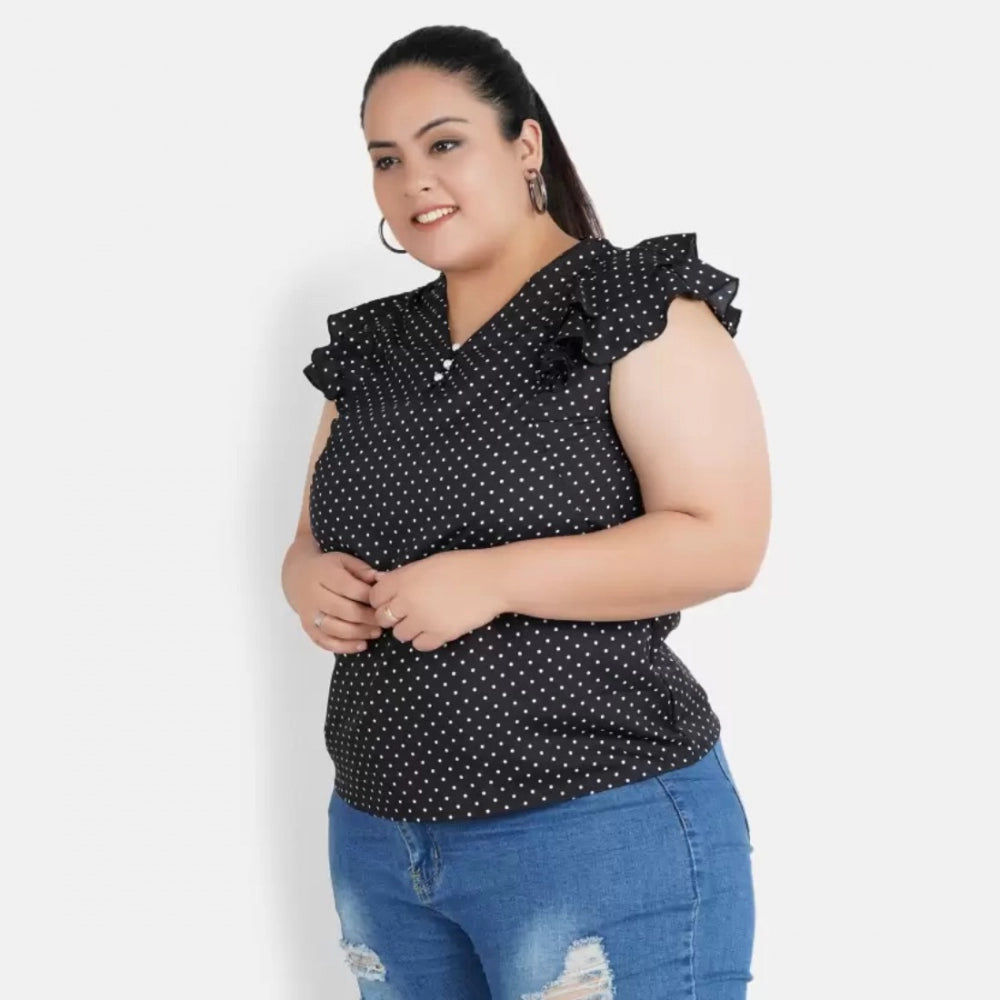 Black crepe women's casual flutter sleeve polka print top - V-neck, short sleeves for versatile everyday wear