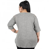 Grey cotton linen blend women's casual top with 3/4 sleeves, round neck on mannequin