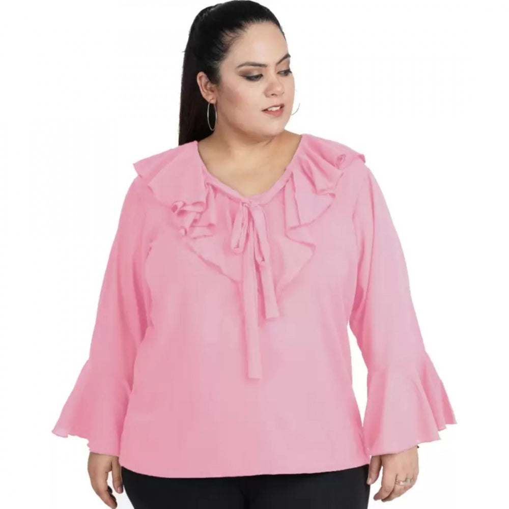 Women's casual bell sleeve solid pink top, tie-up with full sleeves made of Georgette fabric for casual occasions