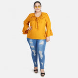 Yellow georgette women's casual bell sleeve top, tie-up neck with full sleeves