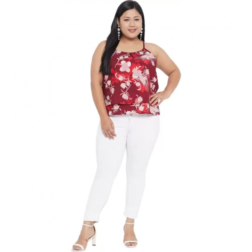 Red floral print polyester women's casual top, sleeveless with round neck for summer outings