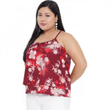 Women's casual floral print red top, sleeveless polyester blouse with round neckline for casual occasions