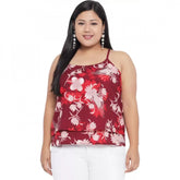 Red floral print polyester casual top for women's summer wardrobe, round neck, sleeveless style