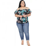 Black polyester women's off-shoulder top with cape sleeves, floral print for casual occasions