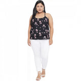 Black polyester women's casual floral print top, sleeveless round neck for everyday wear