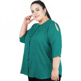 Green cotton-linen blend women's casual top with 3/4 sleeves, round neck - suitable for casual events