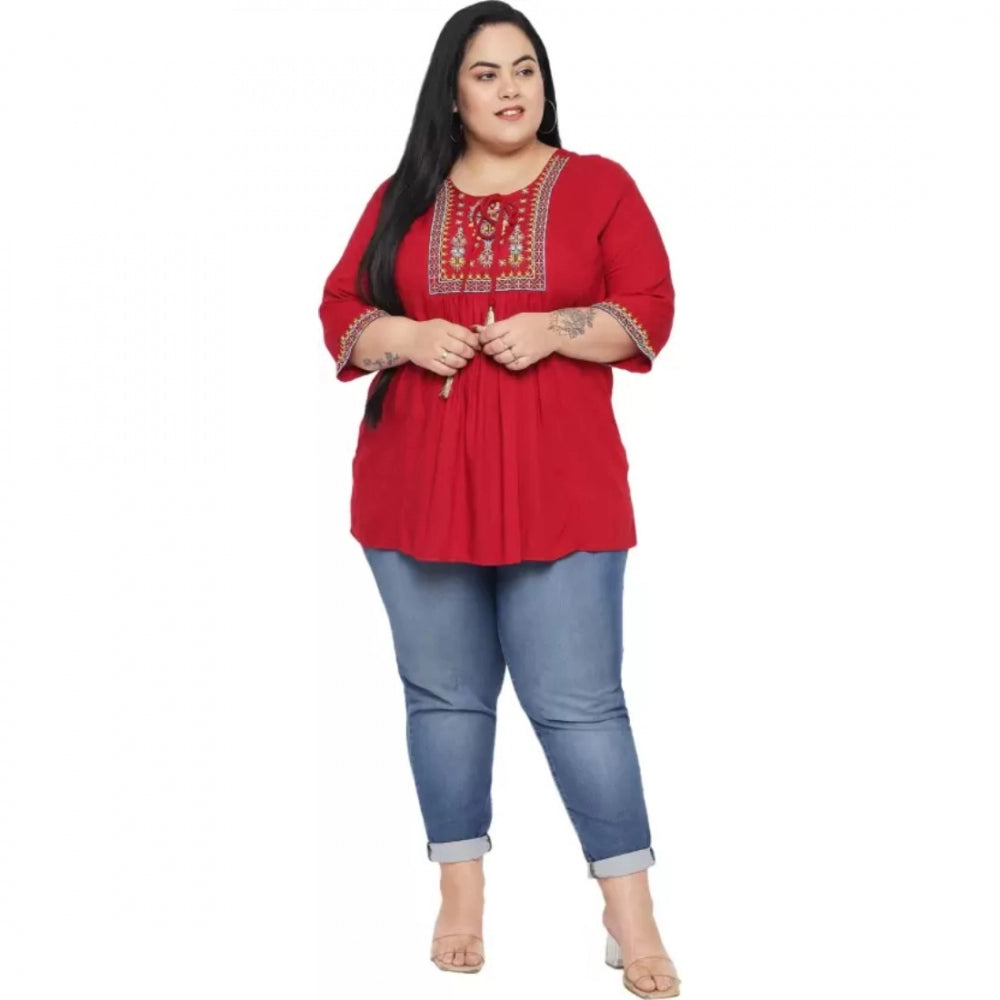 Maroon embroidered rayon top for casual wear, 3/4 sleeve, round neck