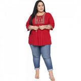 Maroon embroidered rayon top for casual wear, 3/4 sleeve, round neck