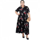 Black polyester fit and flare dress for women's casual occasions, short-sleeved and collar neckline style