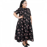 Black poly crepe women's maxi dress for casual wear with round neckline and short sleeves