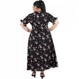 Black poly crepe women's maxi dress for casual occasions, round neck, short sleeves