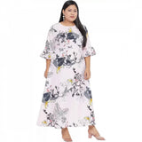 White polyester fit and flare dress for women, 3/4 sleeve, round neck, casual occasion
