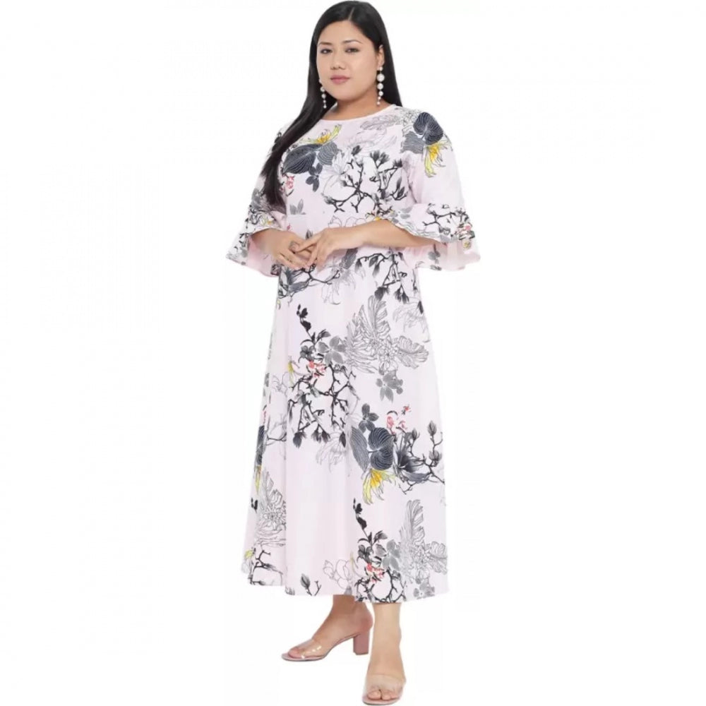 White polyester fit and flare dress for women, 3/4 sleeve, round neck, suitable for casual occasions