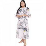 White polyester fit and flare dress for women, 3/4 sleeve, round neck, suitable for casual occasions