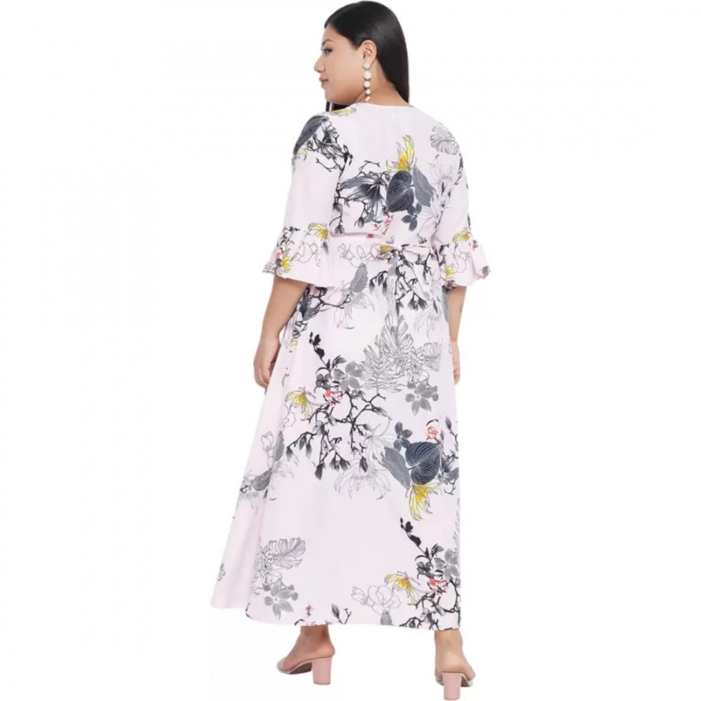White polyester fit and flare dress for women, 3/4 sleeve with round neck, casual occasion wear