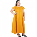 Yellow polyester fit-and-flare dress for women, perfect for casual occasions