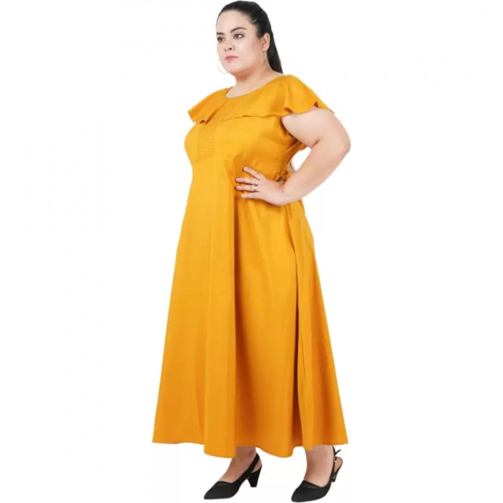 Women's fit-and-flare yellow polyester dress, short sleeve, round neck, casual occasion